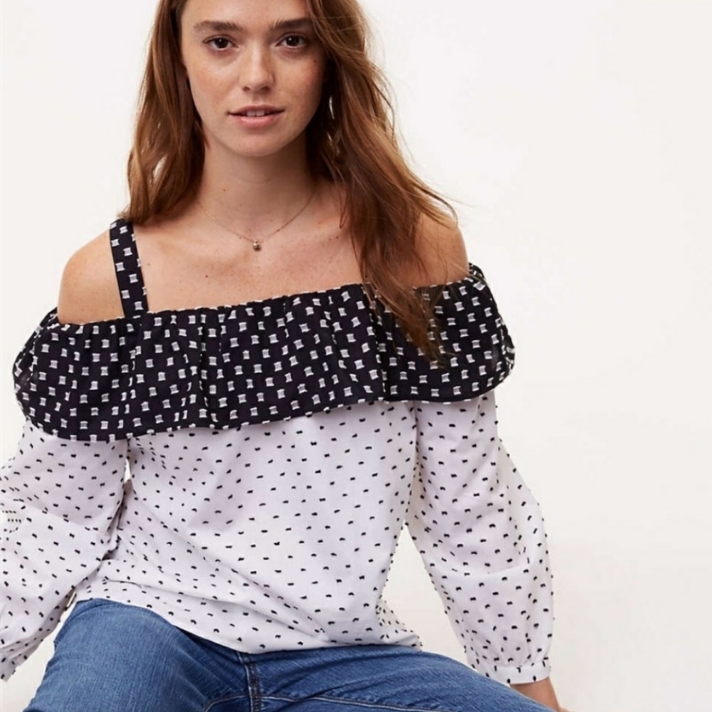 LOFT black white cold shoulder ruffle blouse